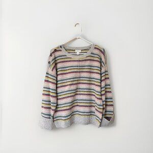 Caslon Abstract Stripe Sweater Rolled Cuffed Sleeves RN 58665 Button Shoulder